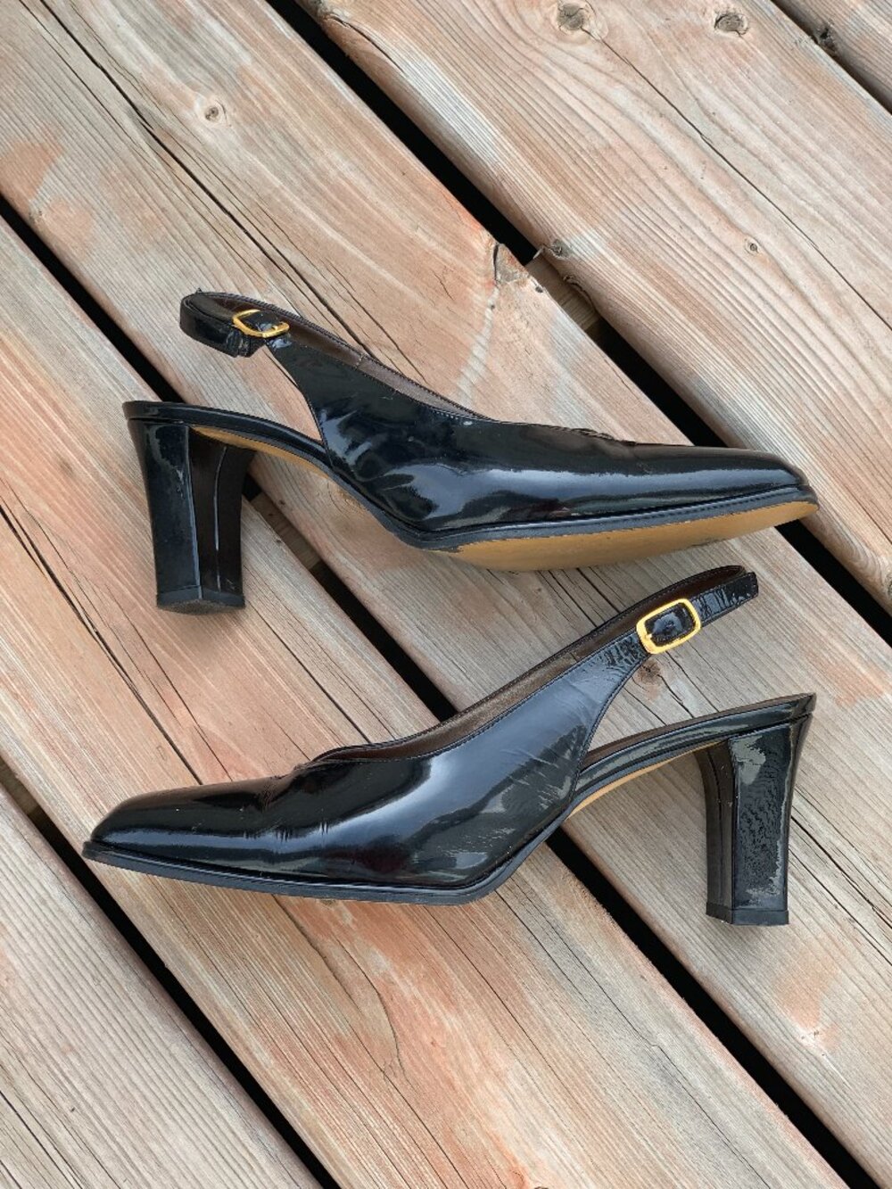 Vintage 90s Slingback Pump Black Patent Leather Mid Block Heel Square Toe Shoes